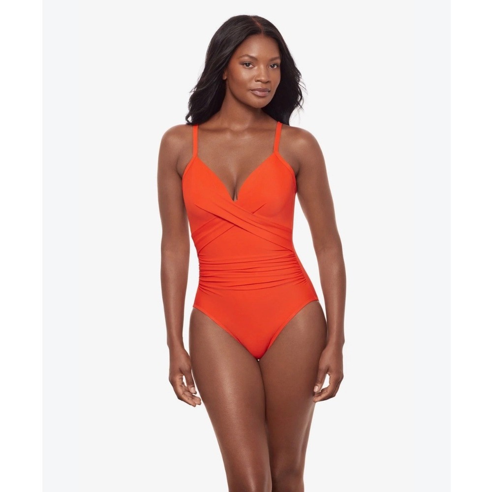 NEW! Miraclesuit Captivate One Piece Swimsuit Orange Red Surplice Ruched 14